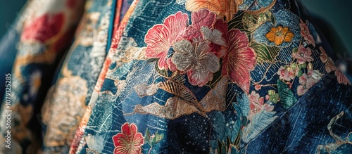 Close up view of intricately remade clothes crafted from vintage kimono fabric showcasing unique textile art and sustainable fashion