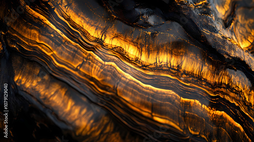 Close-up of a tiger's eye gemstone, its golden brown stripes shimmering with intricate patterns, evoking ancient mystique and exotic elegance against a dark background. Mystique. Illustration