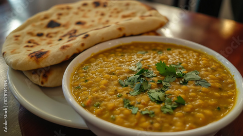 Porcja aromatycznego dal curry, serwowana z naanem, zachęca głębokimi, pikantnymi smakami