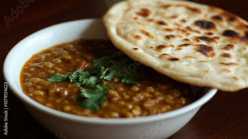 Porcja aromatycznego dal curry, serwowana z naanem, zachęca głębokimi, pikantnymi smakami