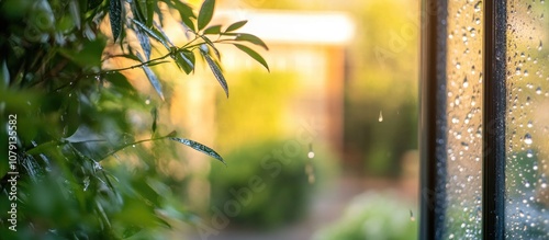 Close up of raindrops on a windowpane with a softly blurred outdoor background capturing a cozy indoor atmosphere