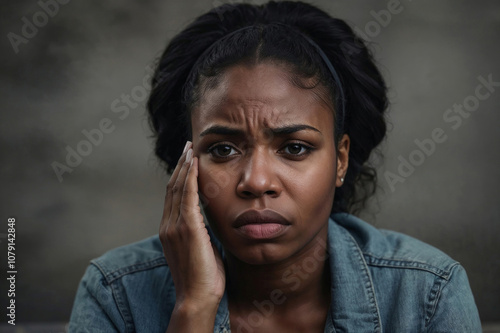 Face of sad African American woman is looking at camera and appears to be upset, she is holding her hand to her face, possibly rubbing her eyes or wiping away tears