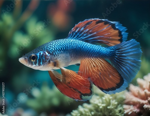 Tropical Guppy Fish Poecilia Reticulata in a Vibrant Coral Reef Aquarium Underwater