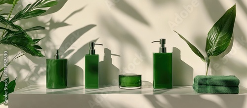 Chic green soap dispensers arranged on a pristine white bathroom countertop inviting modern decor elements minimalist design