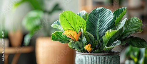 Close up of a beautiful home flower with oblong green lush petals vibrant indoor decoration