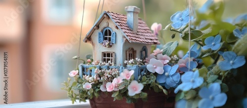 Charming decorative house nestled among soft pink and blue blooms in a hanging box on a balcony creating a serene garden view