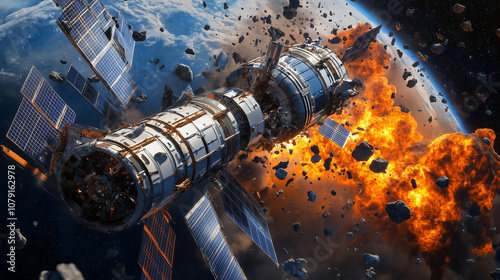 Space station breaking apart in a fiery explosion, surrounded by debris, depicting catastrophic orbital disaster