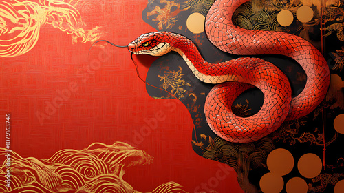 Red snake is wrapped around decorative background featuring traditional chinese patterns, evoking sense of mystique and cultural significance. Mystique. Illustration