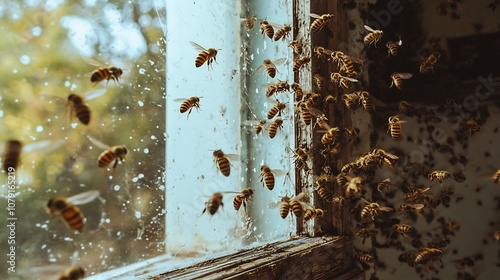 Swarm of Buzzing Bees Near Window Highlighting Beneficial and Pest Concept