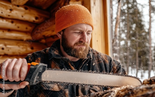 A logger sharpens a chainsaw in a rustic cabin, preparing for a days work in the forest