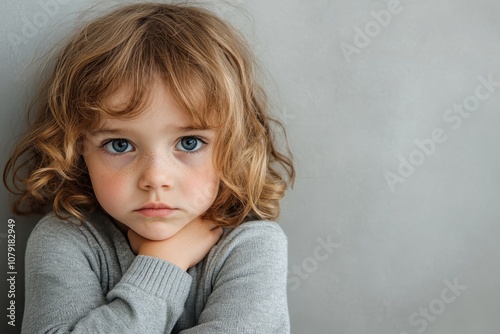 Thoughtful child with curly hair sits against a gray wall, reflecting in a quiet moment