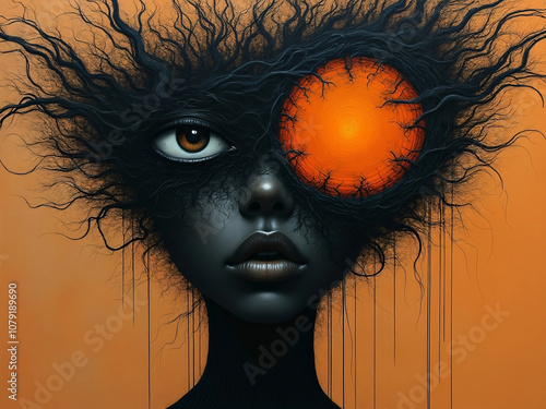 Fantasy artwork of a surreal abstract mycelium creature with one large eye as the sun