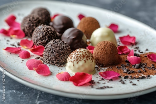 valentines day desserts, an array of luxurious chocolate truffles, elegantly served with rose petals, celebrating the charm of valentines day