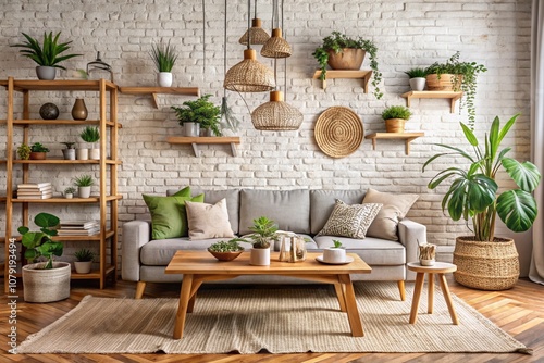 Cozy boho living room, white brick wall, wooden shelves, hanging plants, rattan pendant lights, beige sofa, wooden coffee table, woven wall baskets, neutral color palette, natural textures, rustic dec