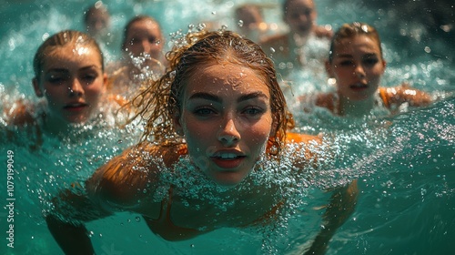 Underwater Synchronized Swimmers Women Athletes in Pool Summer Sports