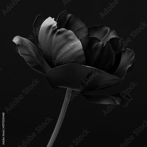 A solitary black flower unfolds its petals in elegant simplicity, showcasing nature's eloquent design in stark contrast.