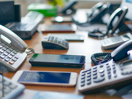 "Array of Office Desk Phones and Communication Devices in a Corporate Setting"