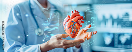 Hands of a doctor holding human heart. Health and cardiological diseases concept.