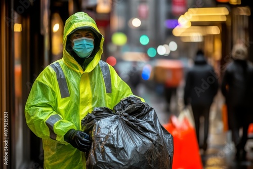 Waste Collector in Rainy City at Night