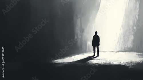 Solitary figure in minimalist space with dramatic shadows and stark light-dark contrast. Chiaroscuro. Illustration