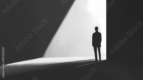 Solitary figure in minimalist space with dramatic shadows and stark light-dark contrast. Chiaroscuro. Illustration