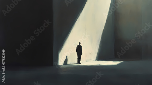 Solitary figure in minimalist space with dramatic shadows and stark light-dark contrast. Chiaroscuro. Illustration