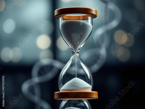 Hourglass intertwined with DNA helix on digital bokeh background symbolizing time, genetics, aging, and life's continuum, modern, hourglass