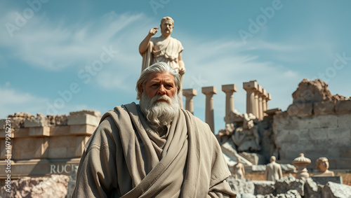 A stoic philosopher standing in front of a crumbling statue, their face reflecting acceptance of change and the impermanence of all things