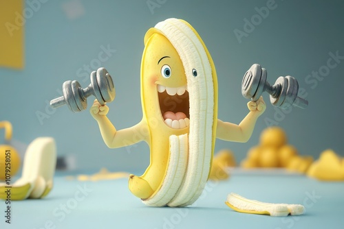 A cartoon banana lifting dumbbells, with its peel flexing and making a goofy face of determination.