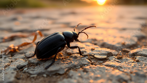 Geotrupidae, black beetle, earth-boring dung beetle, or dor beetle insect on stone road in sunset light