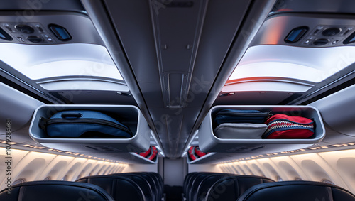 Overhead airplane storage compartments in a passenger cabin aircraft offering ample space and organization for stowing luggage and personal items during the flight