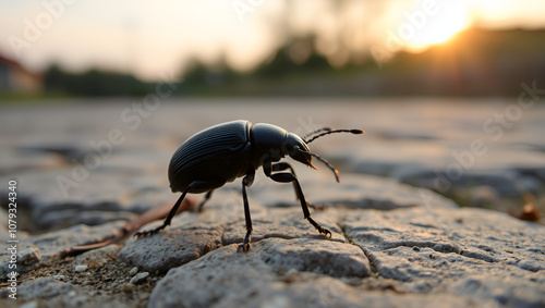 Geotrupidae, black beetle, earth-boring dung beetle, or dor beetle insect on stone road in sunset light