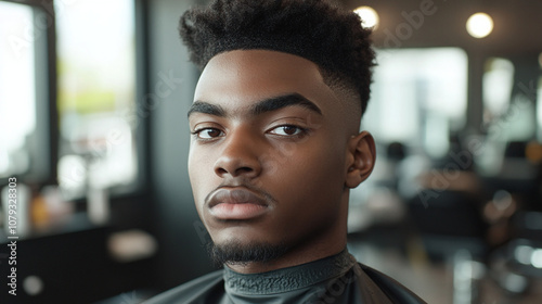 A Young Man Sits in a Barbershop Chair, Awaiting His Haircut, Showcasing a Stylish Haircut and Thoughtful Expression in a Modern Barbering Space