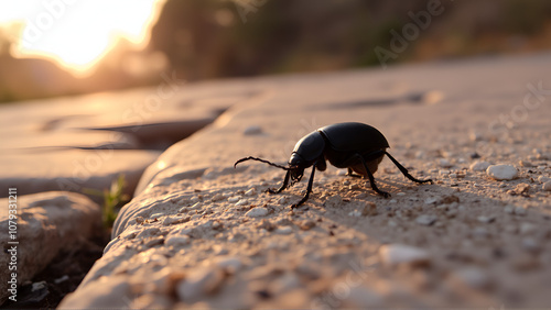 Geotrupidae, black beetle, earth-boring dung beetle, or dor beetle insect on stone road in sunset light