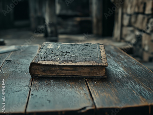 A close-up of an old weathered book with yellowed pages