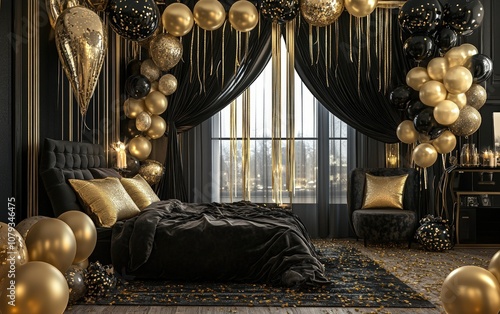 Gold and Black Themed New Years Party Room: A beautifully decorated room with gold and black balloons, streamers, and confetti, designed for a chic New Yeas party 