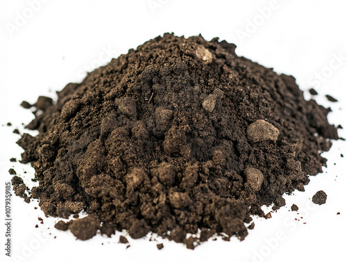 Close-up of a pile of rich, dark soil on a plain white background, ideal for agricultural or gardening concepts.