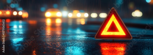 Reflections of the red emergency triangle in the rain