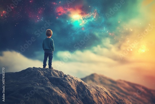 A child stands atop a mountain, gazing at a vibrant cosmic sky full of stars and nebulae, symbolizing wonder.