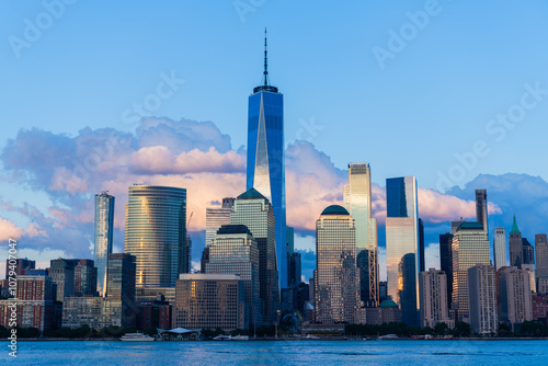 Cityscape of NYC Manhattan. Skyscraper cityscape of downtown city of New York, Manhattan. Manhattan cityscape with skyscraper architecture. Manhattan with NY city skyline. Evening skyline