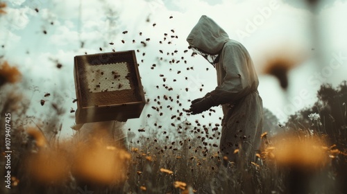 A beekeeper in protective gear tends to buzzing bees in a field of flowers, depicting harmonious interaction between man and nature.