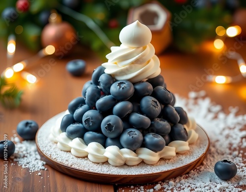 a photography of a dessert with blueberries and whipped cream on a plate.