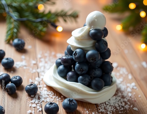 a photography of a dessert with blueberries and whipped cream.