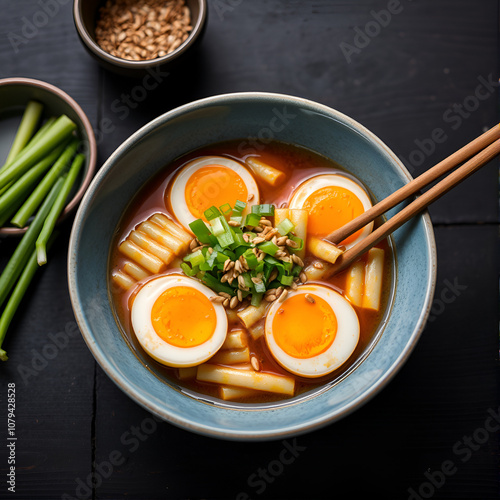 Tteokbokki with eggs, fresh green leek and roasted sesame seeds in blue bowl on the dark rustic table. Tteok-bokki is a Korean cuisine dish with rice gnocchi sticks and spacy sauce. Asian street food