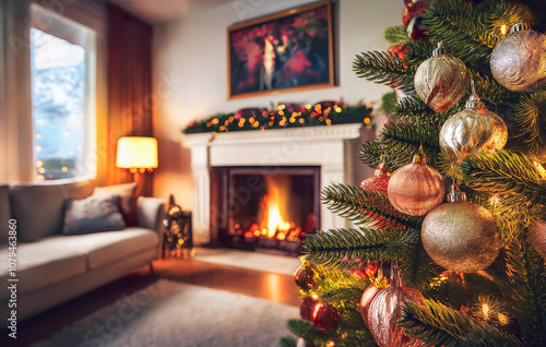 Cozy living room den decorated for christmas with a christmas tree ornaments fireplace furniture comfortable home decor festive holiday interior