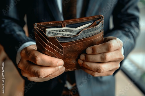 Businessman Holding Wallet with Cash Showing Financial Success in Office Paying and Managing Money Market Exchange