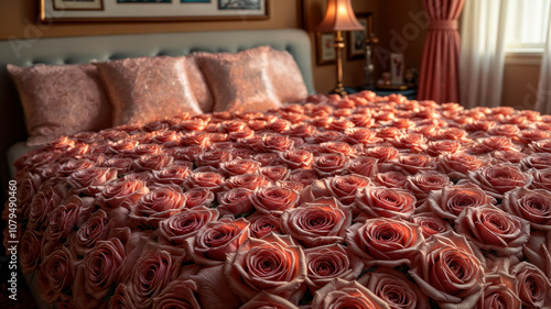 A luxurious bed of roses. Luxury hotel room. Honeymoon suite. A bedspread made of flowers.