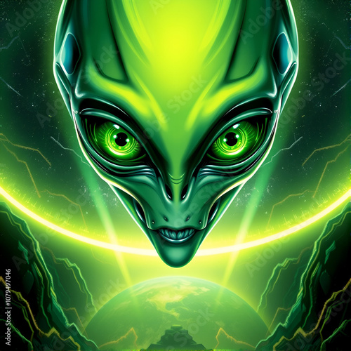 Alien from outer space invading earth with green eyes