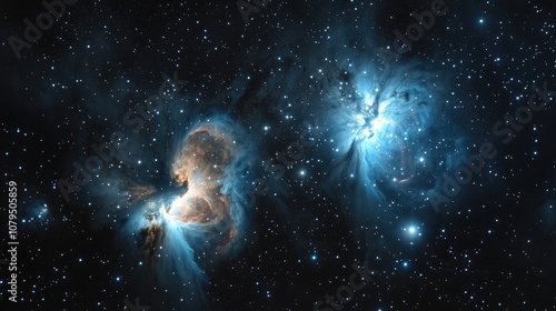 3D cartoon rendering featuring the Orion Nebula M42 and the Running Man Nebula