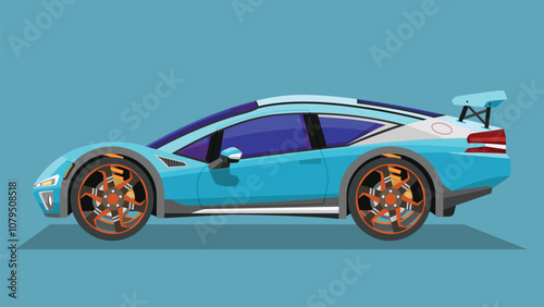 Concept vector illustration of detailed side of a flat soft blue sport car. with shadow of car on reflected from the ground below. can view interior of car. Glass purple color.